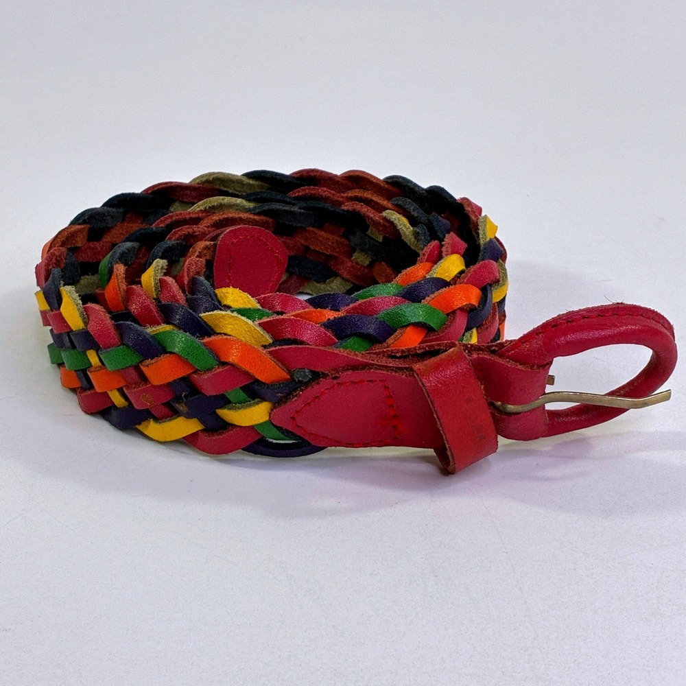 Vintage Genuine Leather Braided Belt Multi Color Woven Boho M L 38 Inch